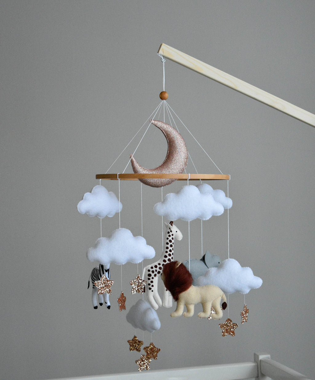 Baby girl safari mobile with giraffe, elephant, zebra and lion - Minidreams Decor