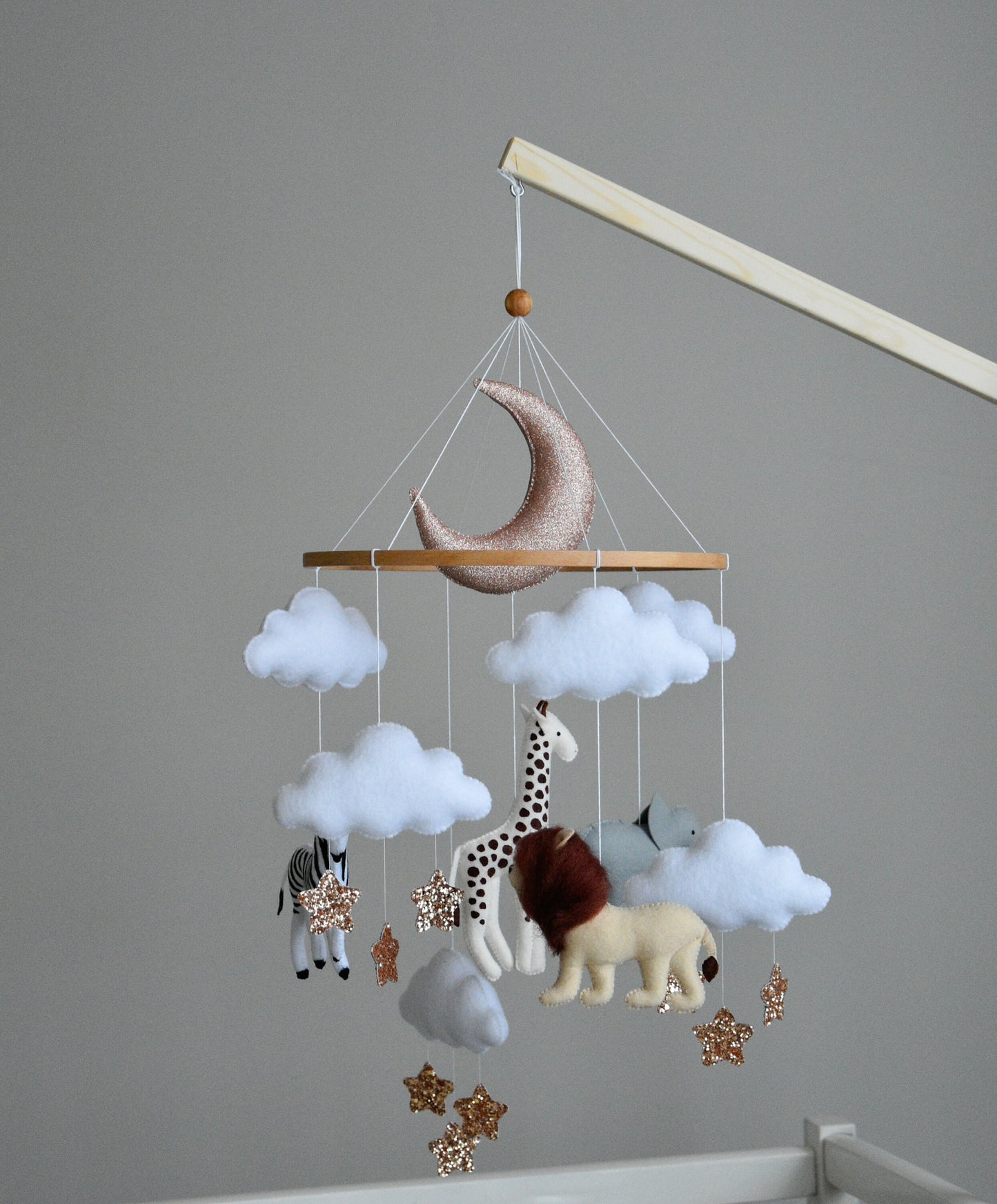 Baby girl safari mobile with giraffe, elephant, zebra and lion