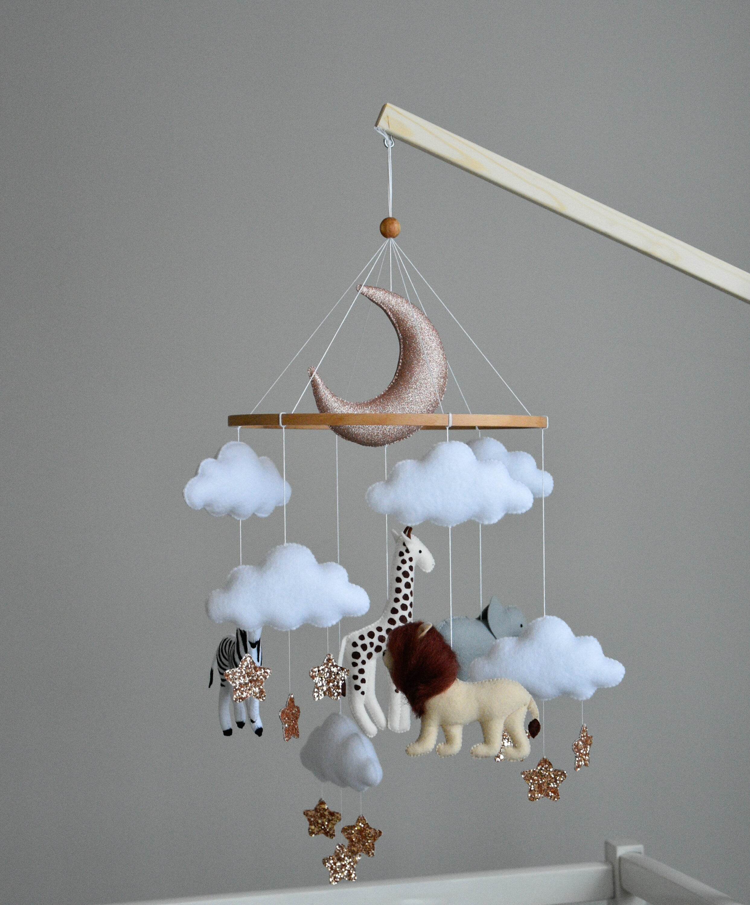 Baby girl safari mobile with giraffe, elephant, zebra and lion - Minidreams Decor
