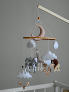 Baby girl safari mobile with giraffe, elephant, zebra and lion - Minidreams Decor