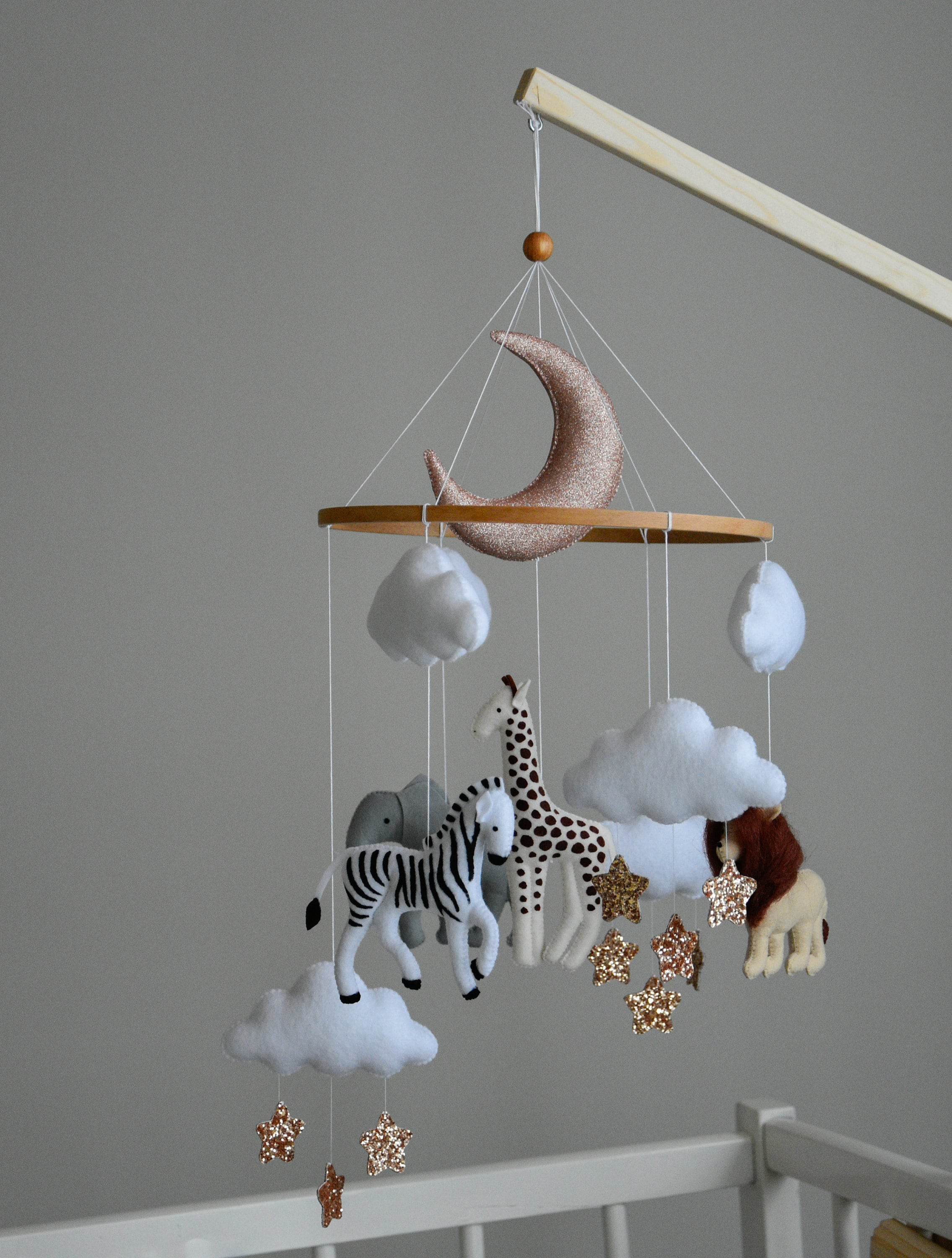 Baby girl safari mobile with giraffe, elephant, zebra and lion - Minidreams Decor