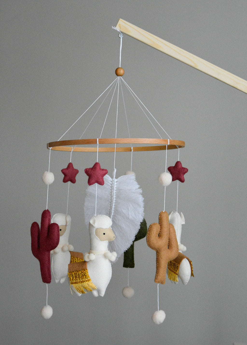 Llama mobile with cactus, felted balls and stars - Minidreams Decor