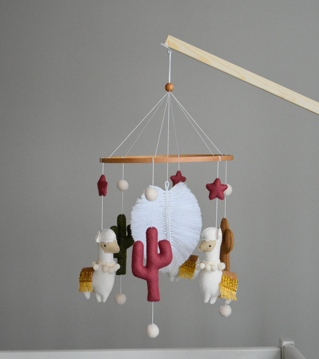 Llama mobile with cactus, felted balls and stars - Minidreams Decor