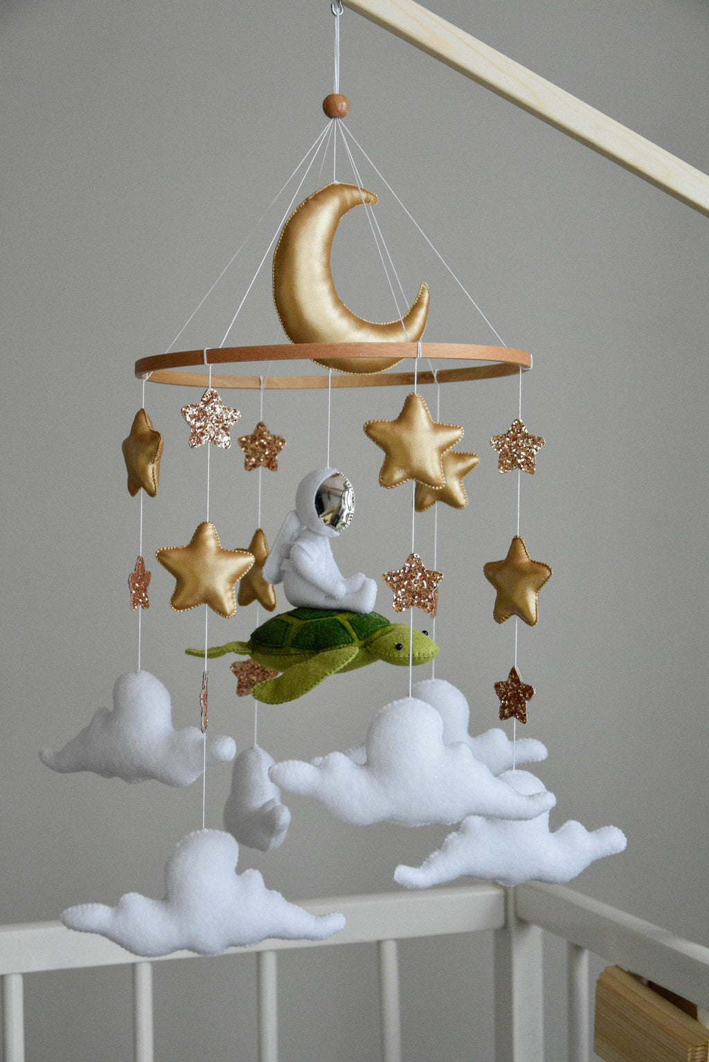 Mobile with astronaut, golden stars and moon, space style - Minidreams Decor