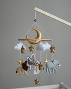Safari mobile with giraffe, lion, elephant, moon, stars and clouds - Minidreams Decor