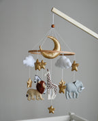 Safari mobile with giraffe, lion, elephant, moon, stars and clouds - Minidreams Decor