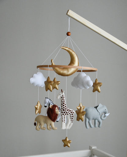 Safari mobile with giraffe, lion, elephant, moon, stars and clouds