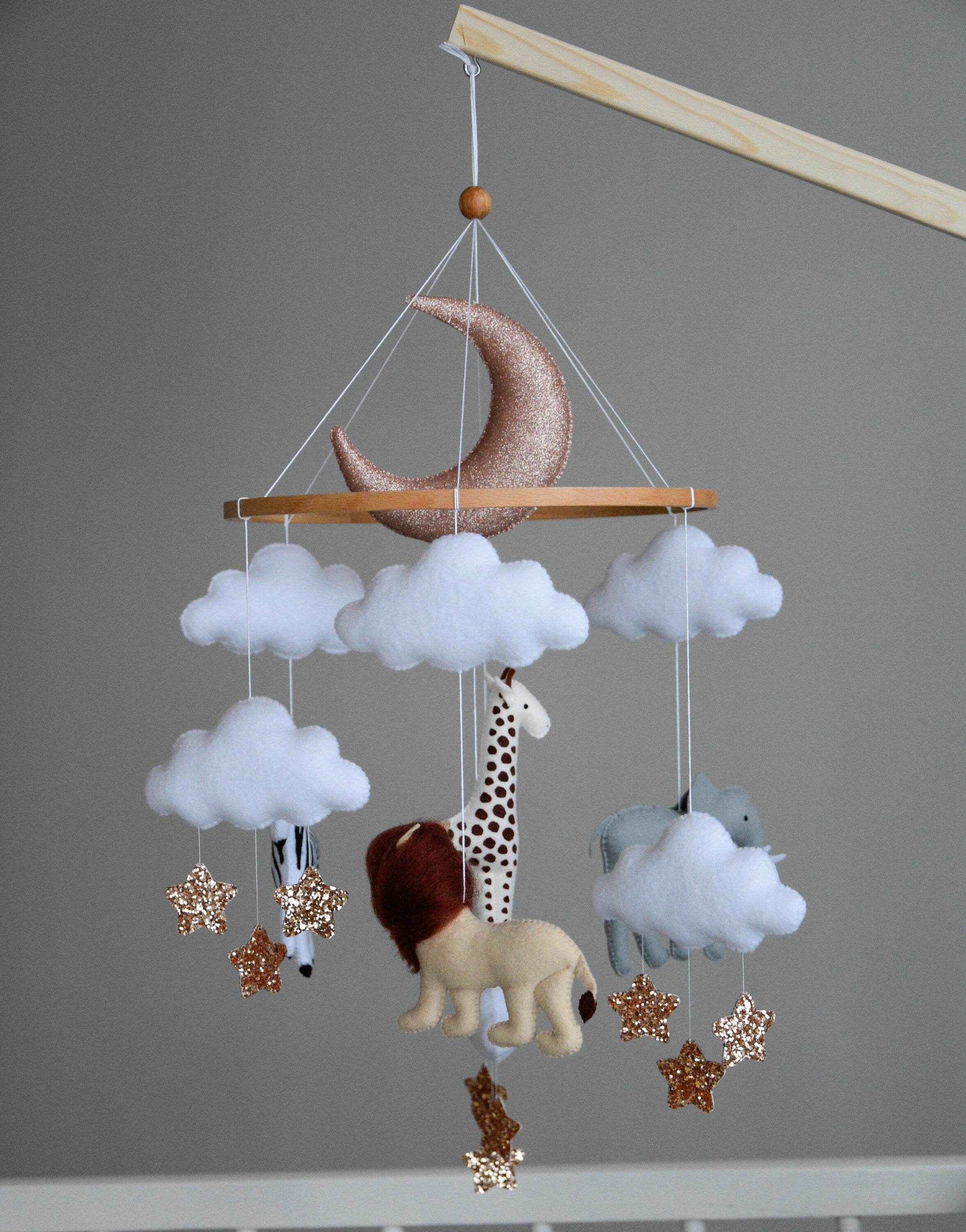 Baby girl safari mobile with giraffe, elephant, zebra and lion - Minidreams Decor