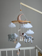 Baby girl safari mobile with giraffe, elephant, zebra and lion - Minidreams Decor