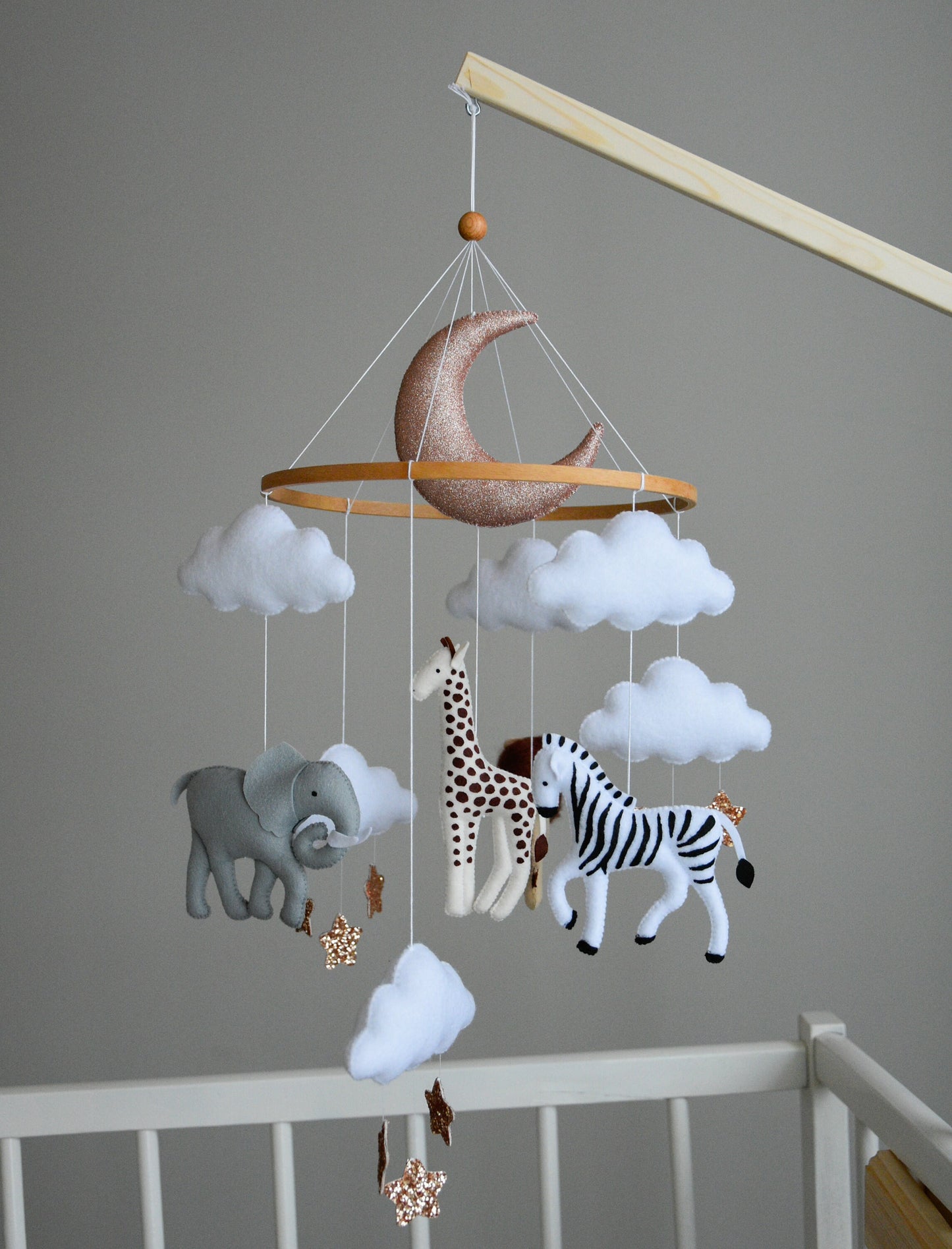 Baby girl safari mobile with giraffe, elephant, zebra and lion