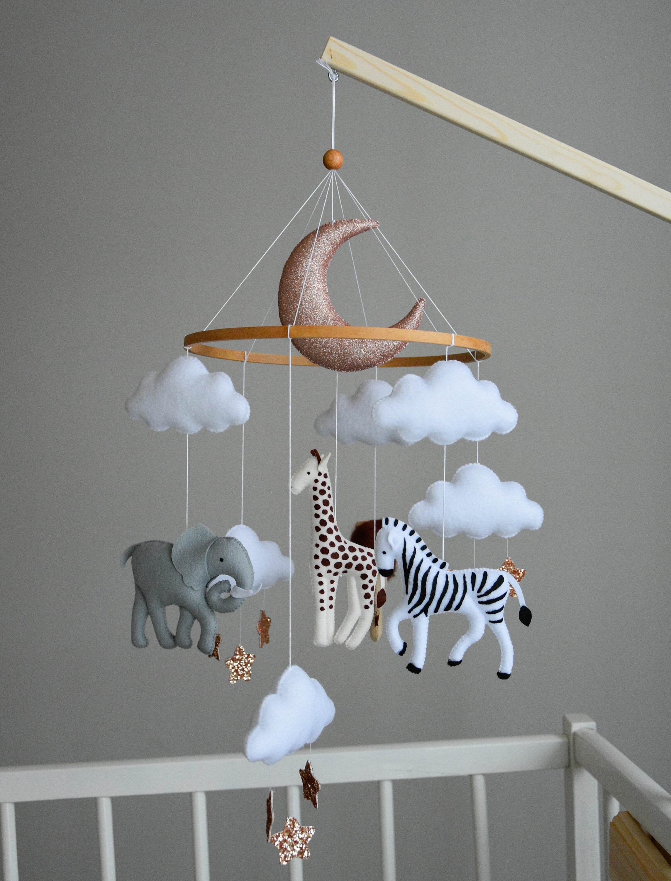 Baby girl safari mobile with giraffe, elephant, zebra and lion - Minidreams Decor