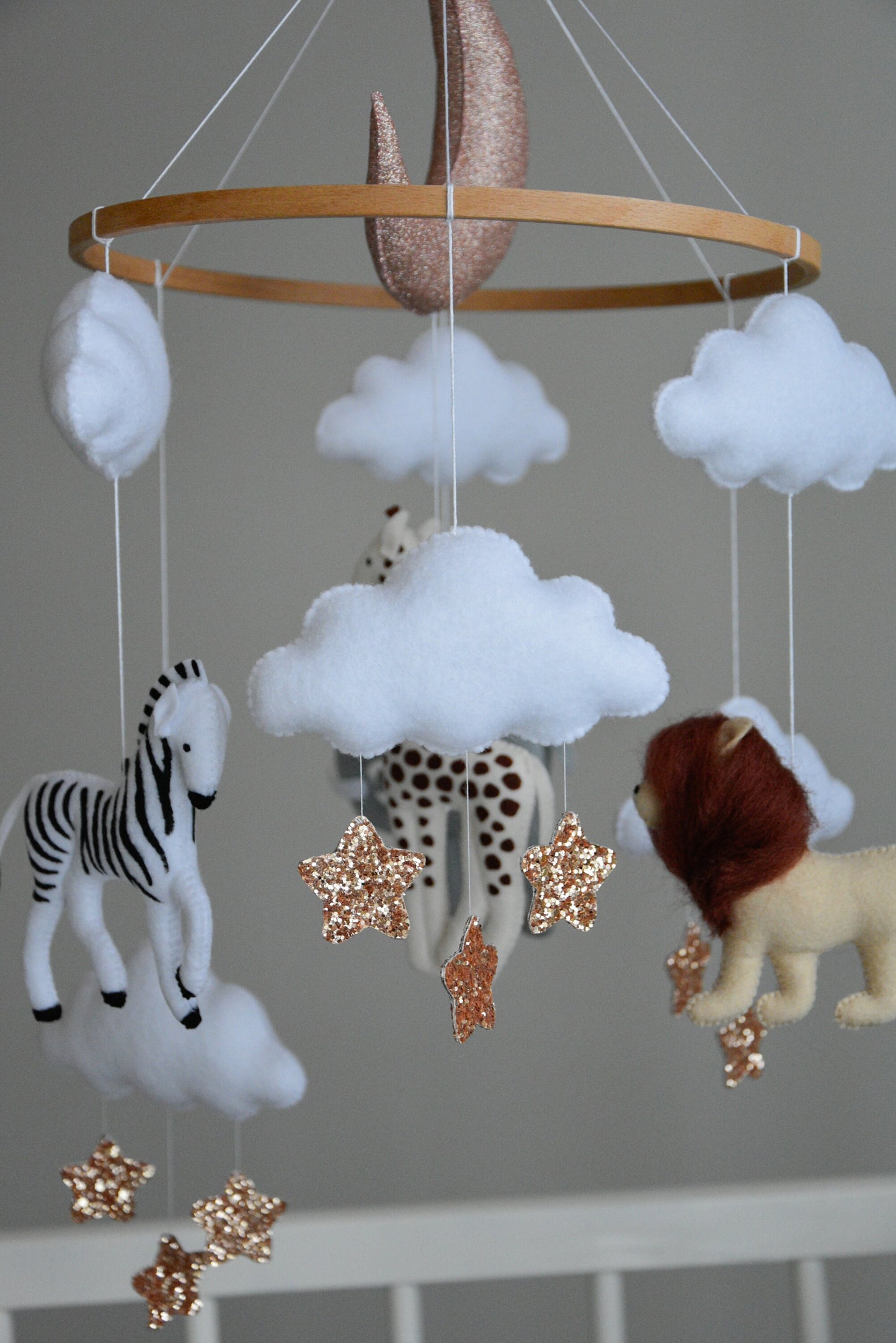 Baby girl safari mobile with giraffe, elephant, zebra and lion