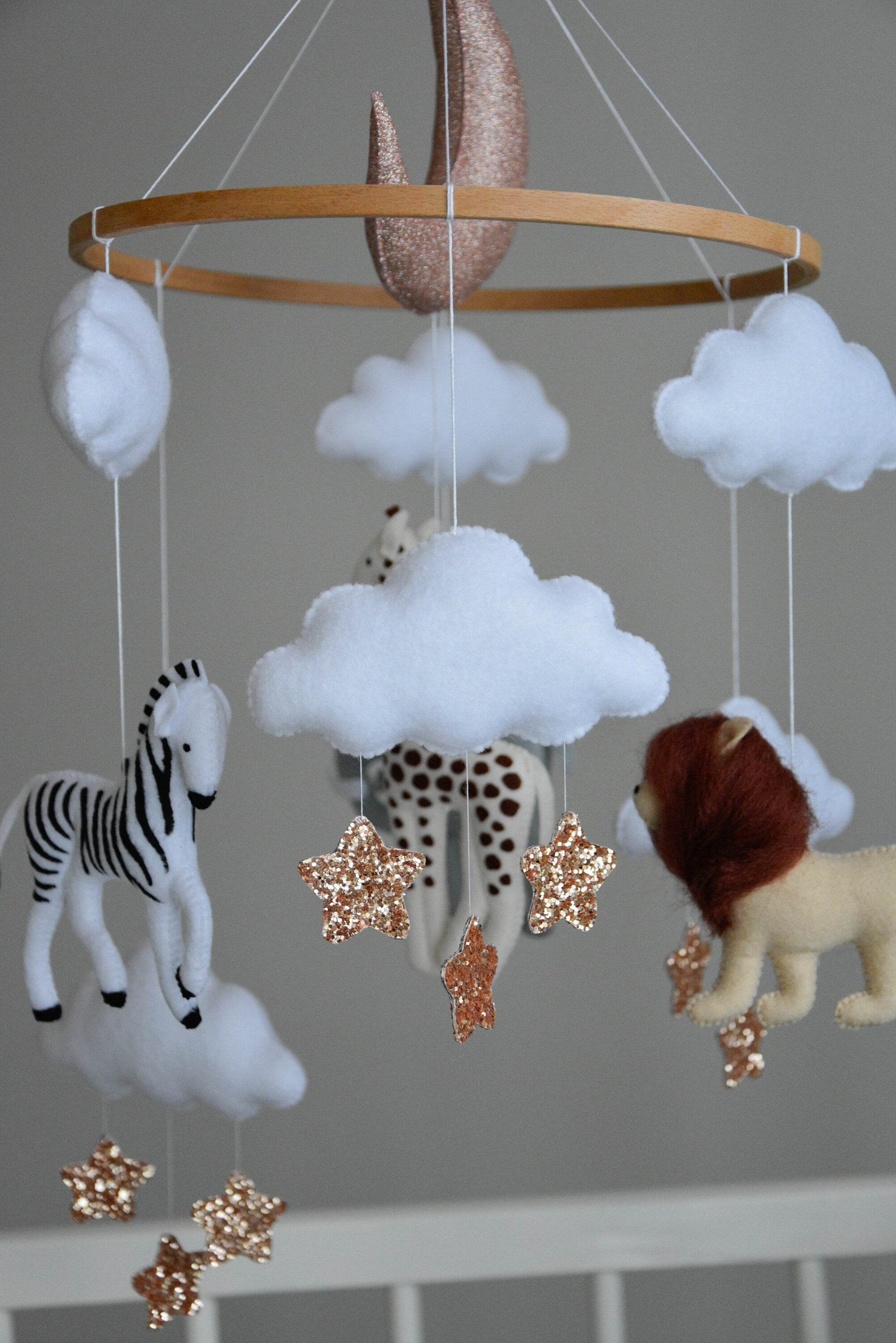 Baby girl safari mobile with giraffe, elephant, zebra and lion - Minidreams Decor
