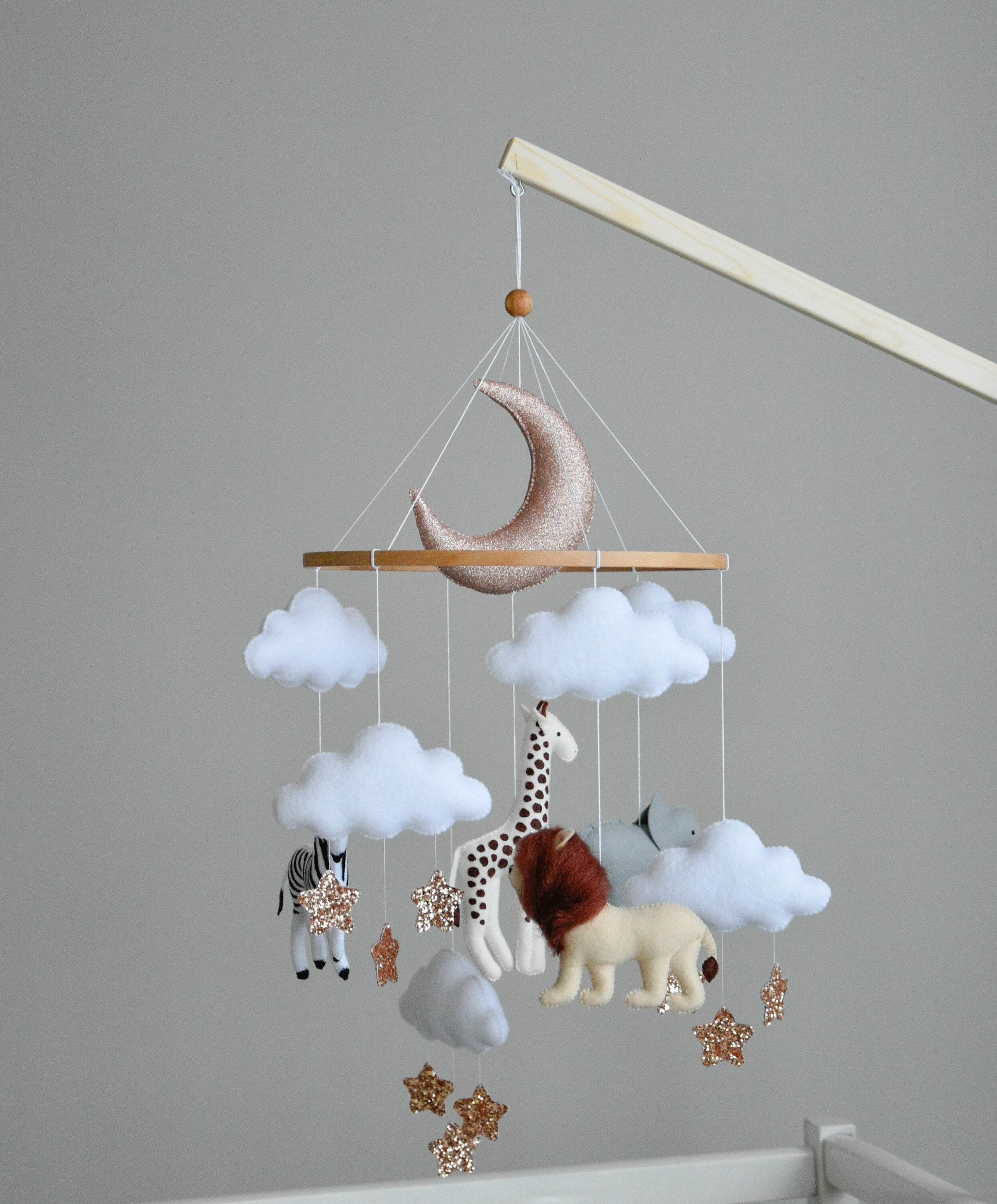 Baby girl safari mobile with giraffe, elephant, zebra and lion - Minidreams Decor