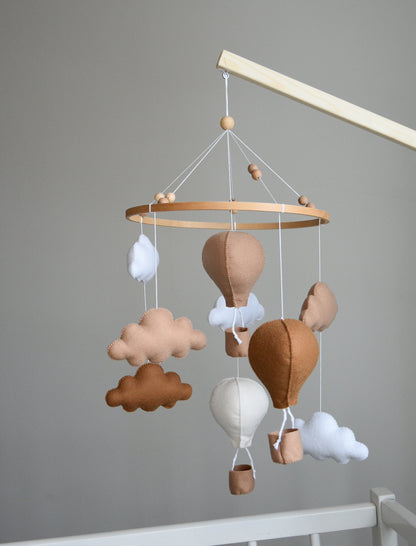 Beige and Brown air balloon mobile with clouds