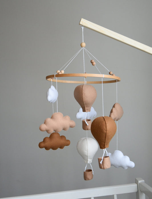 Beige and Brown air balloon mobile with clouds