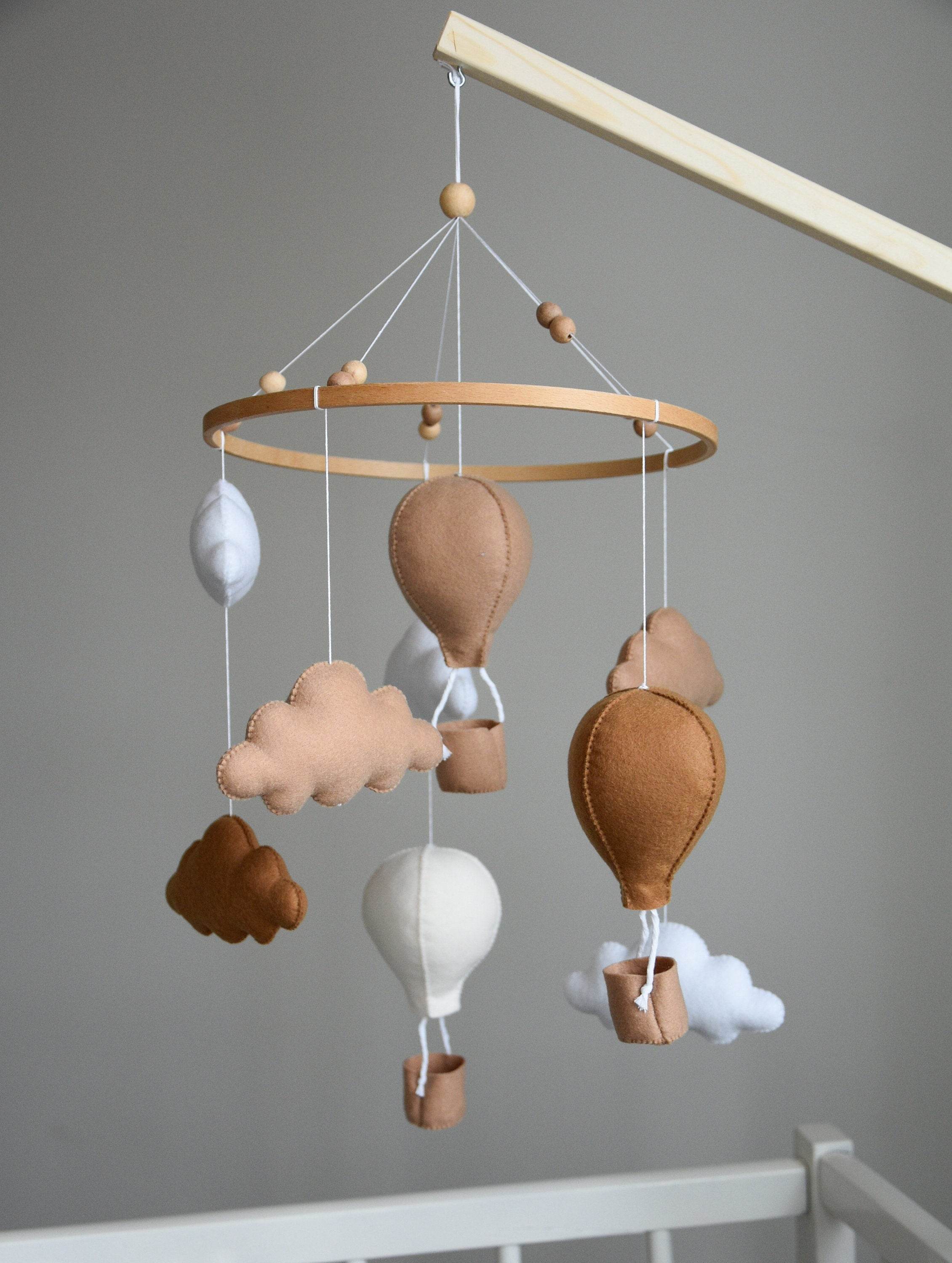 Beige and Brown air balloon mobile with clouds - Minidreams Decor