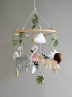 Safari mobile with lion, zebra,, flamingos, elephants, monstera leaves, stars and clouds - Minidreams Decor