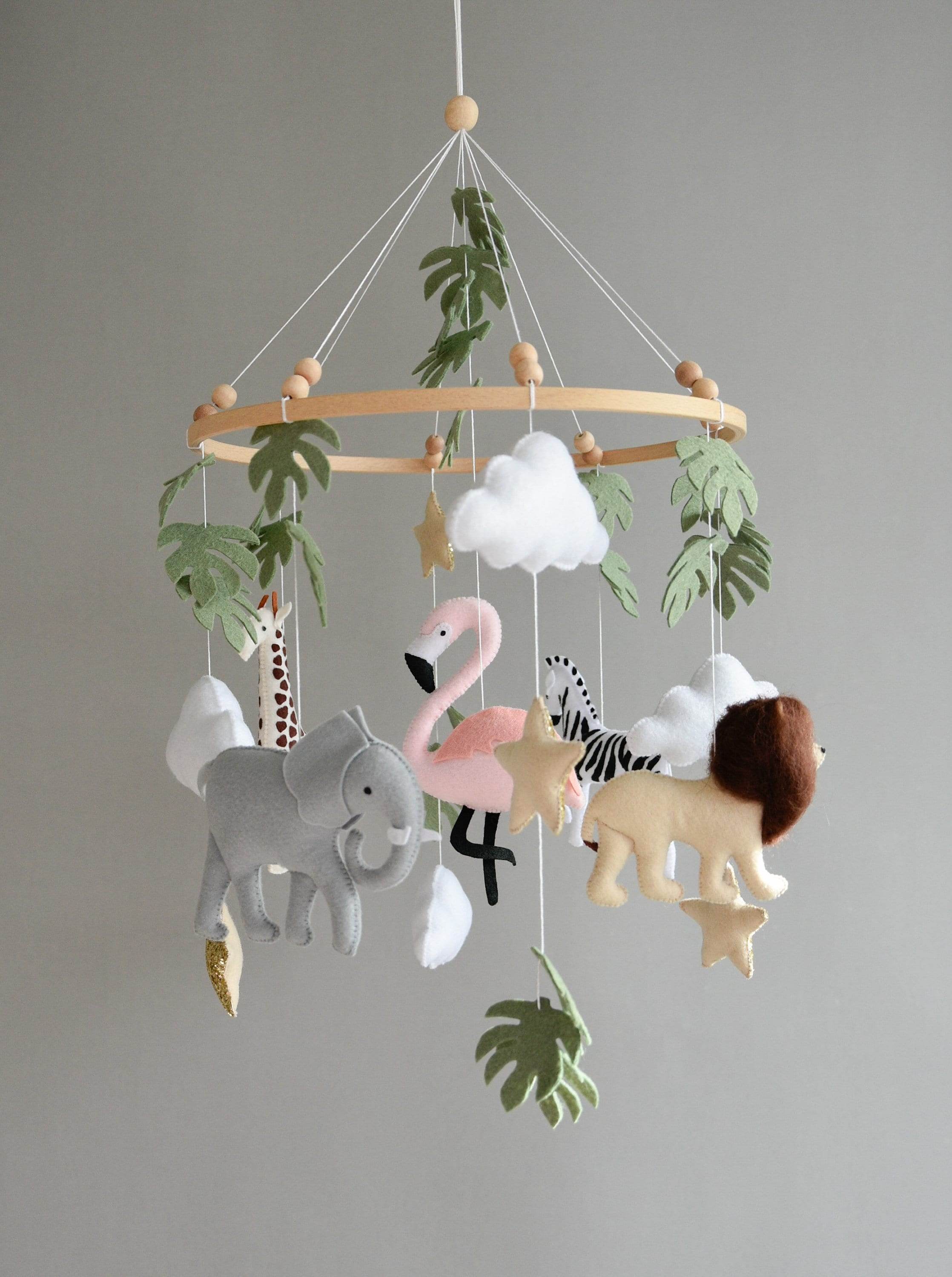 Safari mobile with lion, zebra,, flamingos, elephants, monstera leaves, stars and clouds - Minidreams Decor