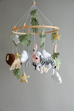 Safari mobile with lion, zebra,, flamingos, elephants, monstera leaves, stars and clouds - Minidreams Decor