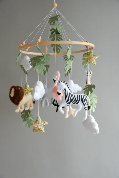 Safari  mobile with lion, zebra,, flamingos, elephants, monstera leaves, stars and clouds