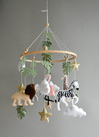Safari mobile with lion, zebra,, flamingos, elephants, monstera leaves, stars and clouds - Minidreams Decor