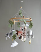 Safari mobile with lion, zebra,, flamingos, elephants, monstera leaves, stars and clouds - Minidreams Decor