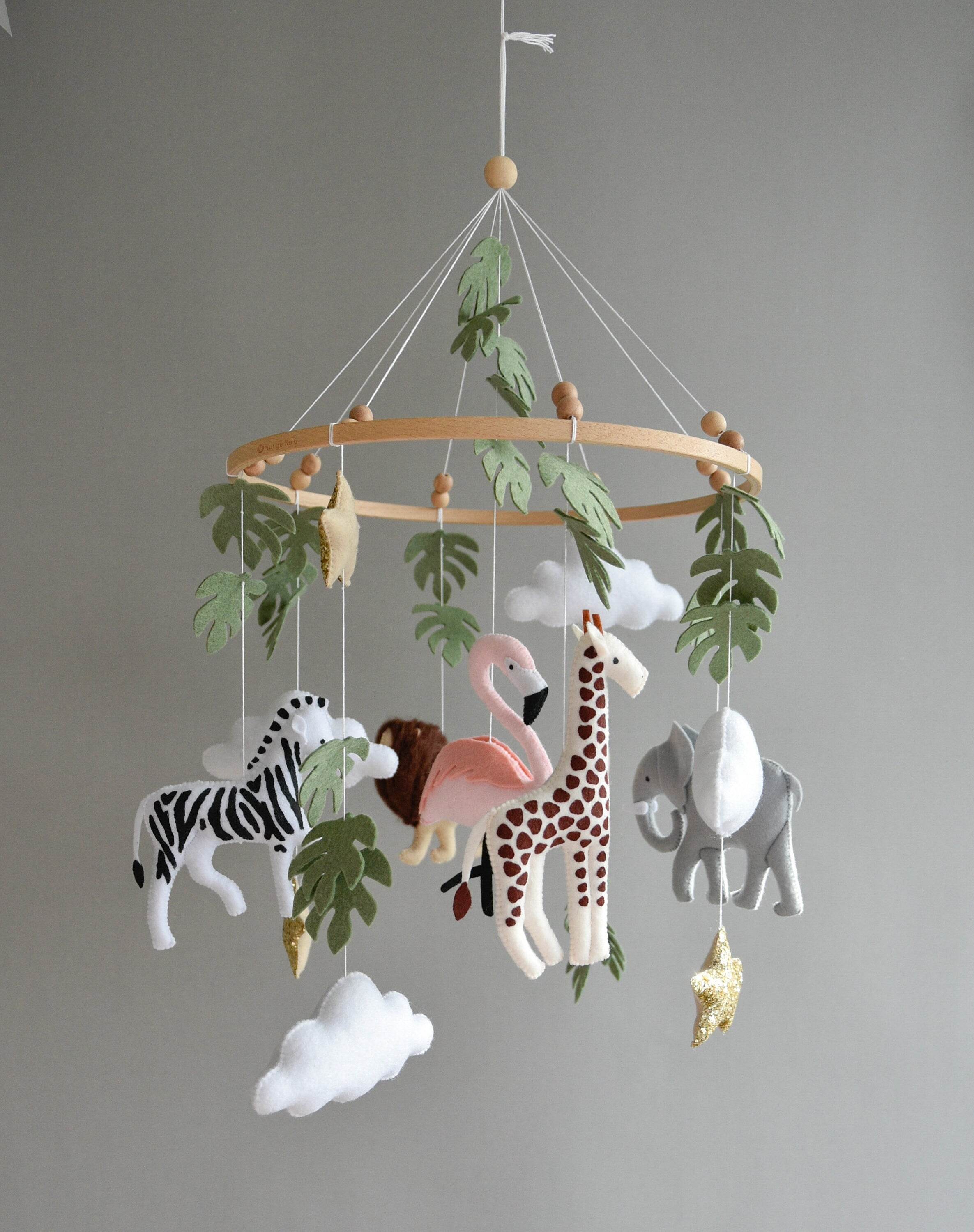 Safari mobile with lion, zebra,, flamingos, elephants, monstera leaves, stars and clouds - Minidreams Decor
