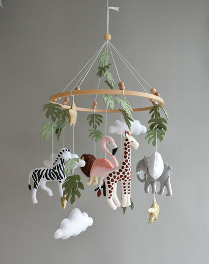 Safari  mobile with lion, zebra,, flamingos, elephants, monstera leaves, stars and clouds