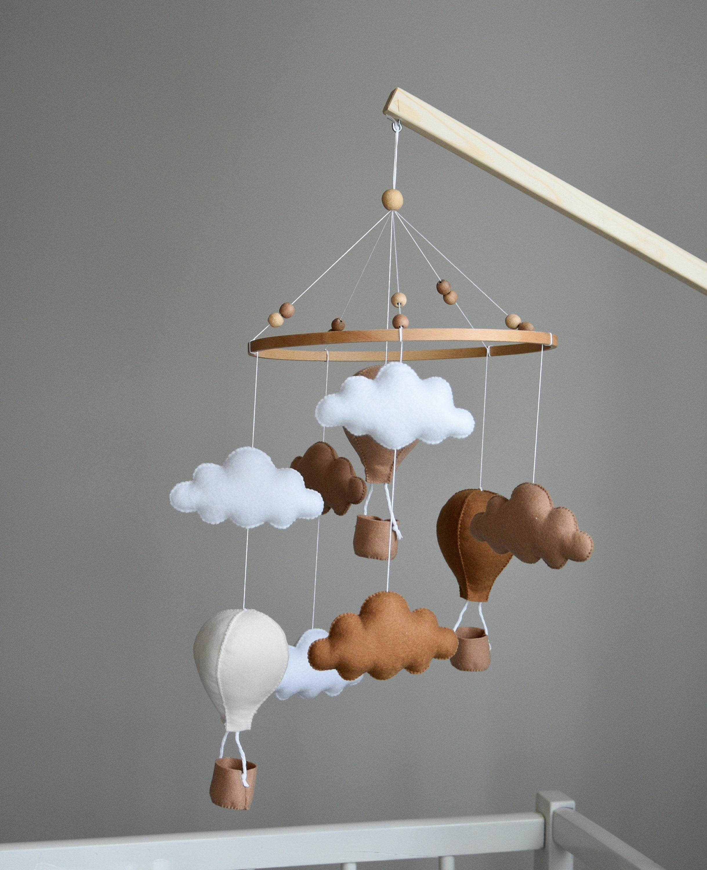 Beige and Brown air balloon mobile with clouds - Minidreams Decor