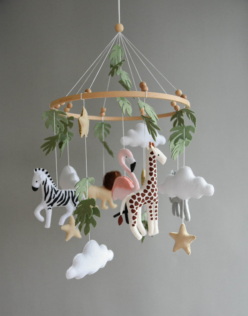 Safari mobile with lion, zebra,, flamingos, elephants, monstera leaves, stars and clouds - Minidreams Decor