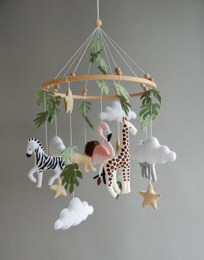 Safari  mobile with lion, zebra,, flamingos, elephants, monstera leaves, stars and clouds