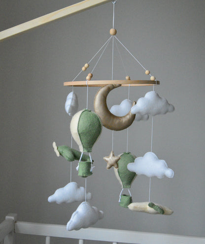 Airplane nursery baby mobile with hot air balloon