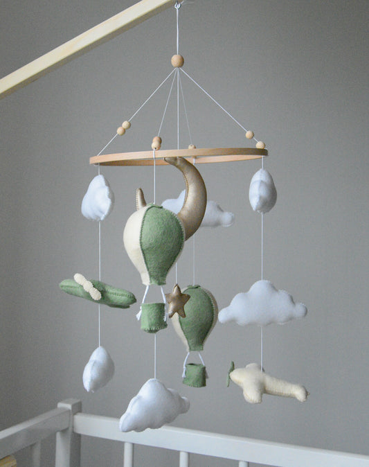 Airplane nursery baby mobile with hot air balloon