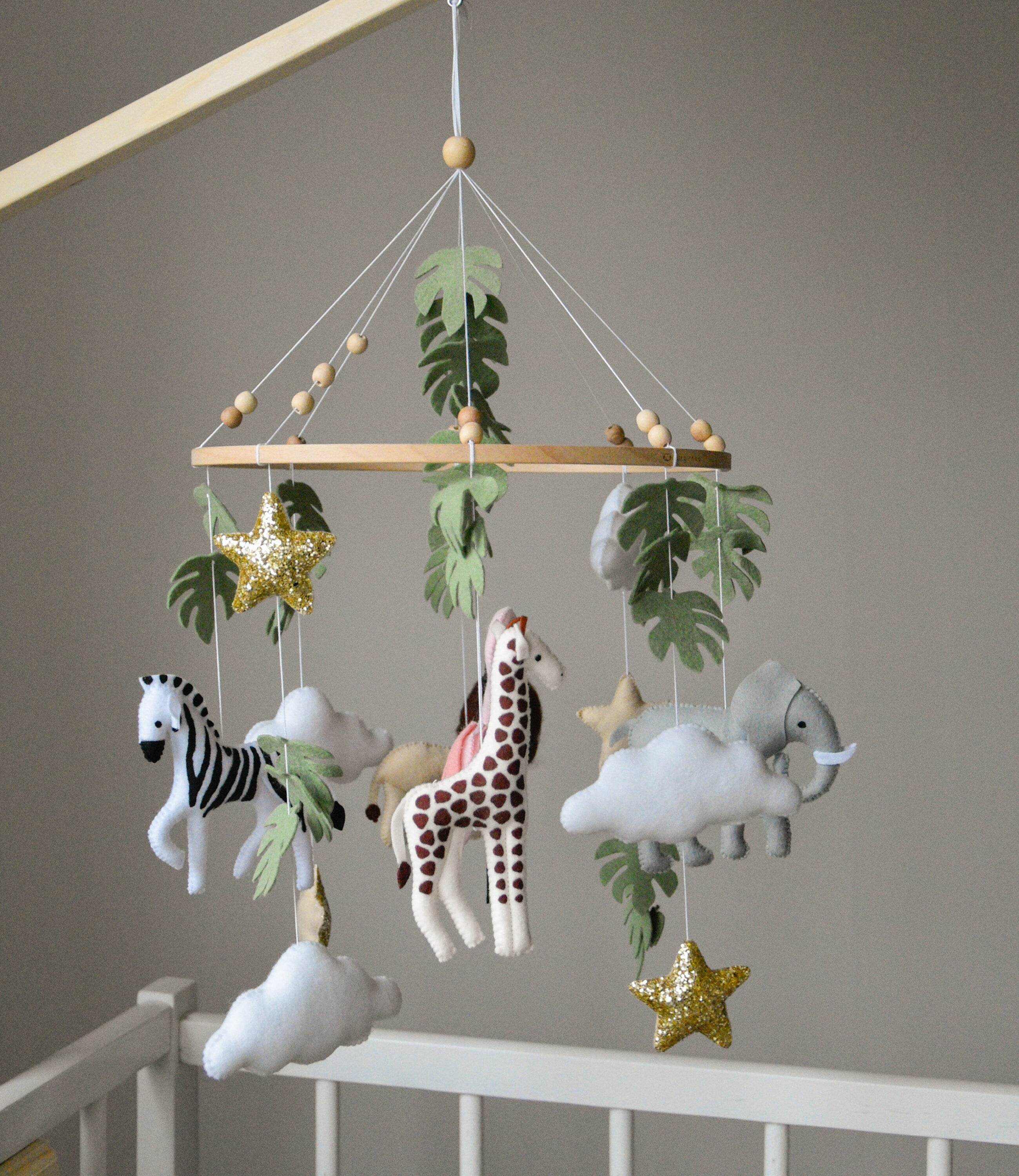Safari mobile with lion, zebra,, flamingos, elephants, monstera leaves, stars and clouds - Minidreams Decor