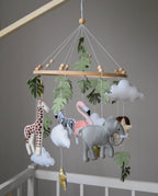Safari mobile with lion, zebra,, flamingos, elephants, monstera leaves, stars and clouds - Minidreams Decor