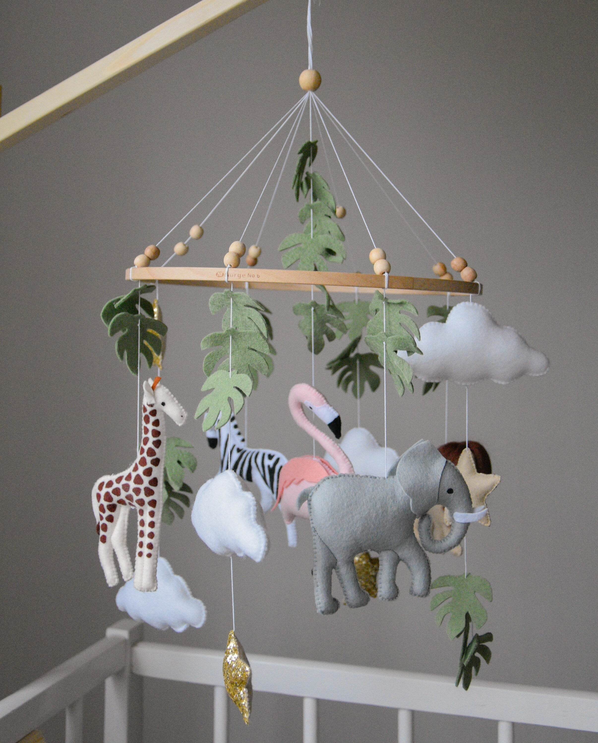 Safari mobile with lion, zebra,, flamingos, elephants, monstera leaves, stars and clouds - Minidreams Decor