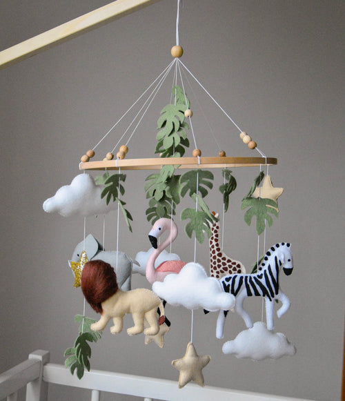 Safari mobile with lion, zebra,, flamingos, elephants, monstera leaves, stars and clouds - Minidreams Decor
