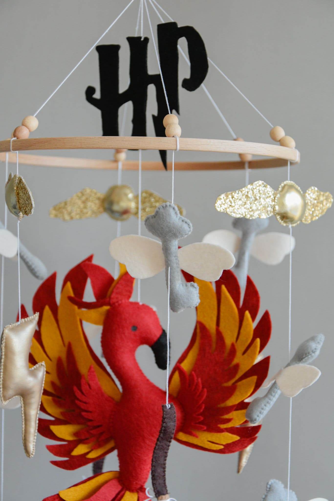 Harry Potter themed mobile, Wizard, Phoenix, Flying keys, Lighting bolt - Minidreams Decor