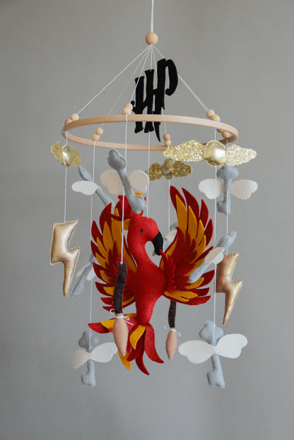 Harry Potter themed mobile, Wizard, Phoenix, Flying keys, Lighting bolt