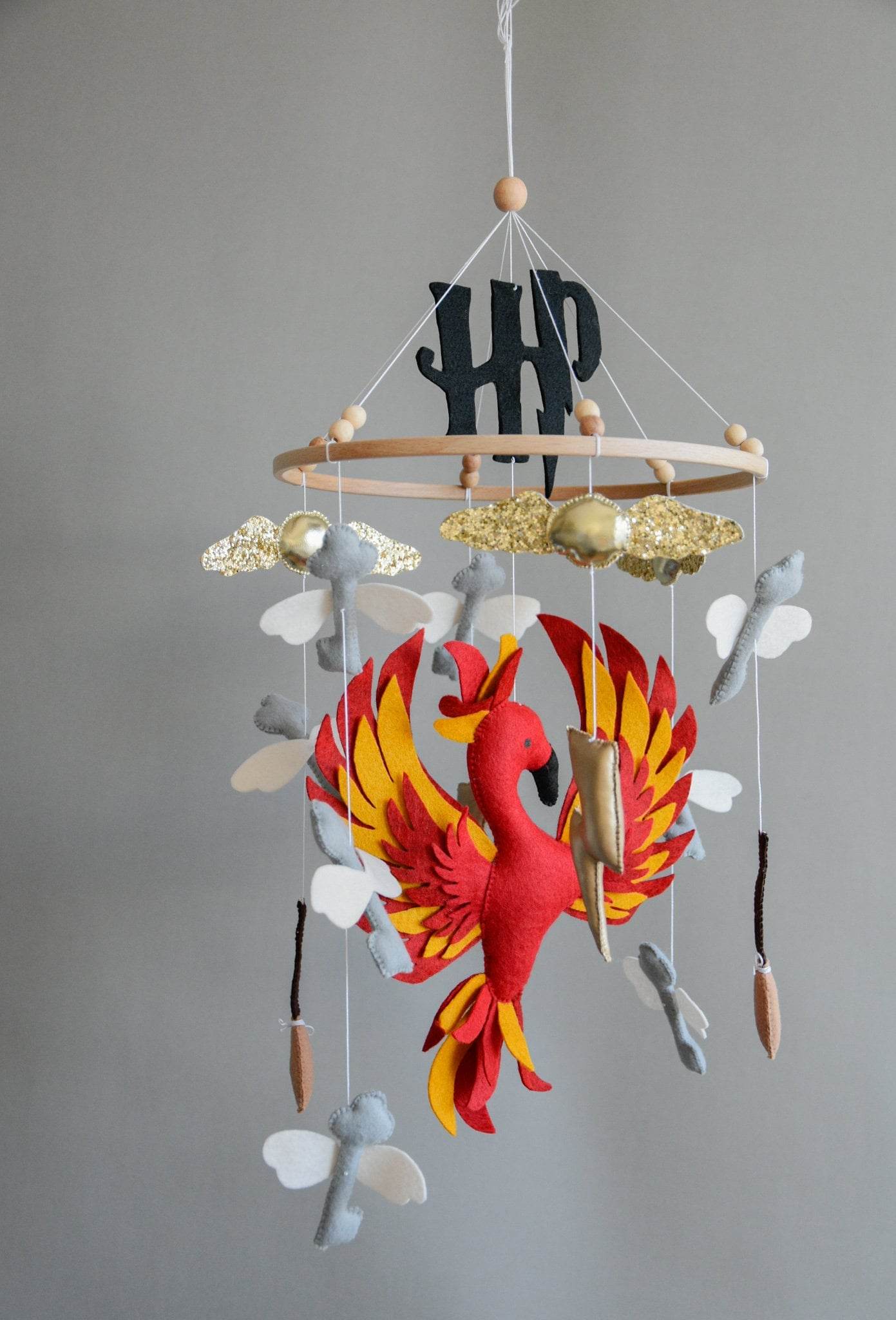 Harry Potter themed mobile, Wizard, Phoenix, Flying keys, Lighting bolt - Minidreams Decor