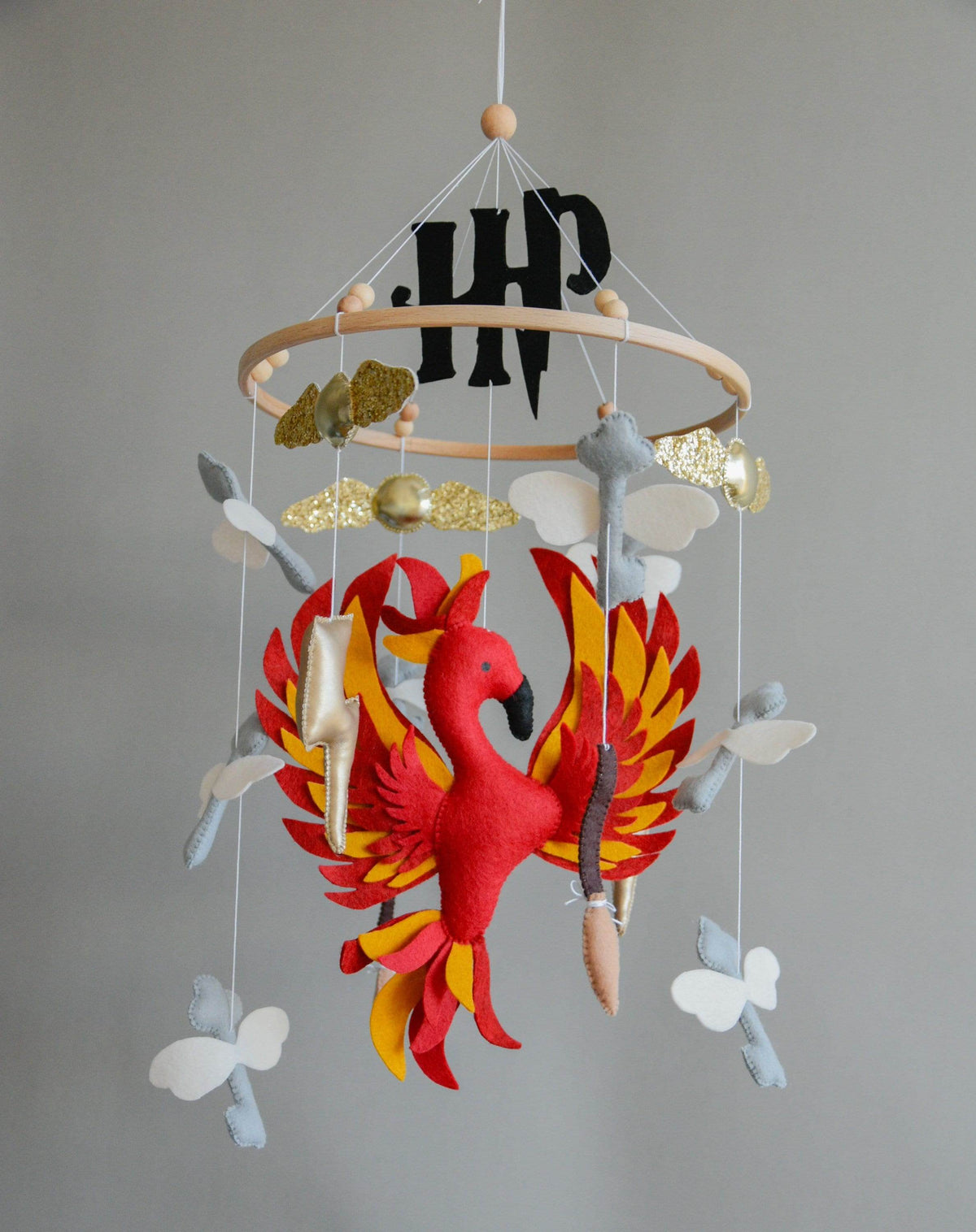 Harry Potter themed mobile, Wizard, Phoenix, Flying keys, Lighting bolt - Minidreams Decor