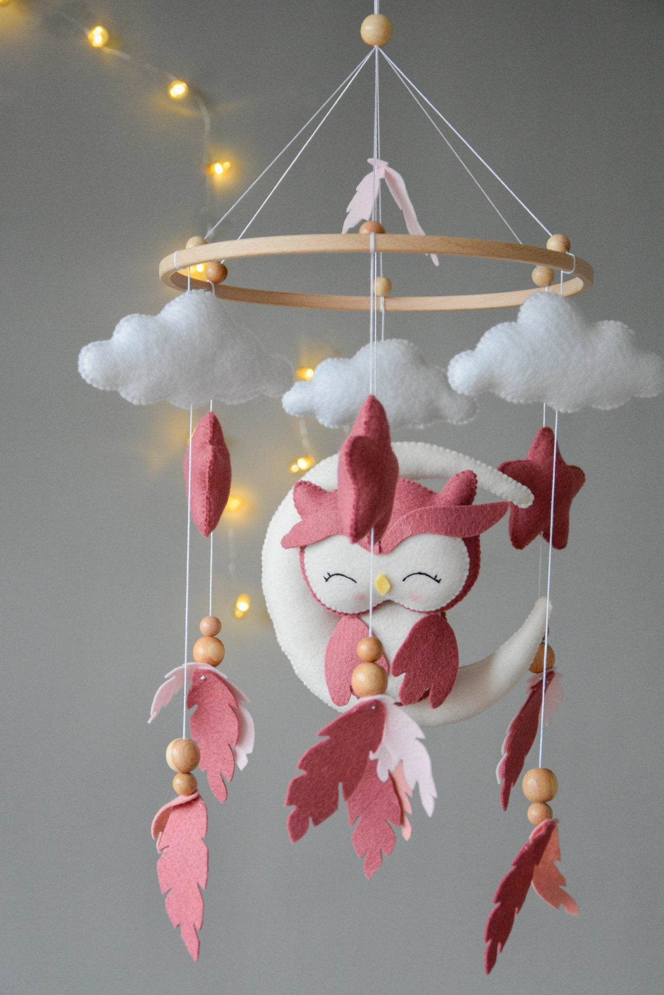 Owl Mobile with clouds and feathers - Minidreams Decor