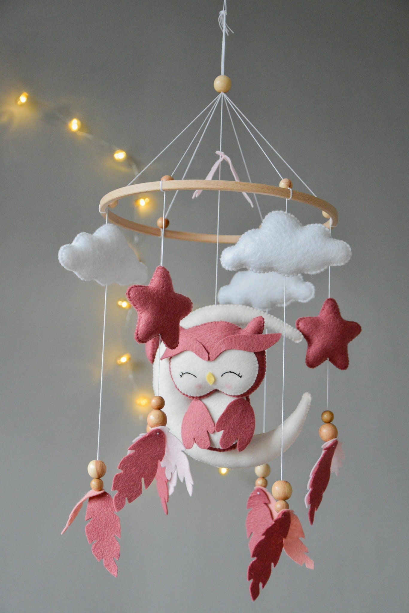 Owl Mobile with clouds and feathers