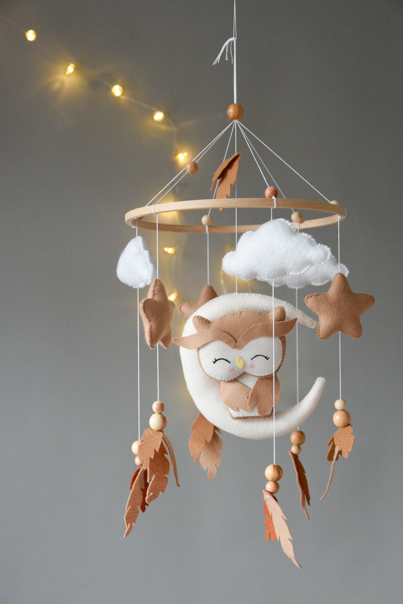 Owl Mobile with clouds and feathers