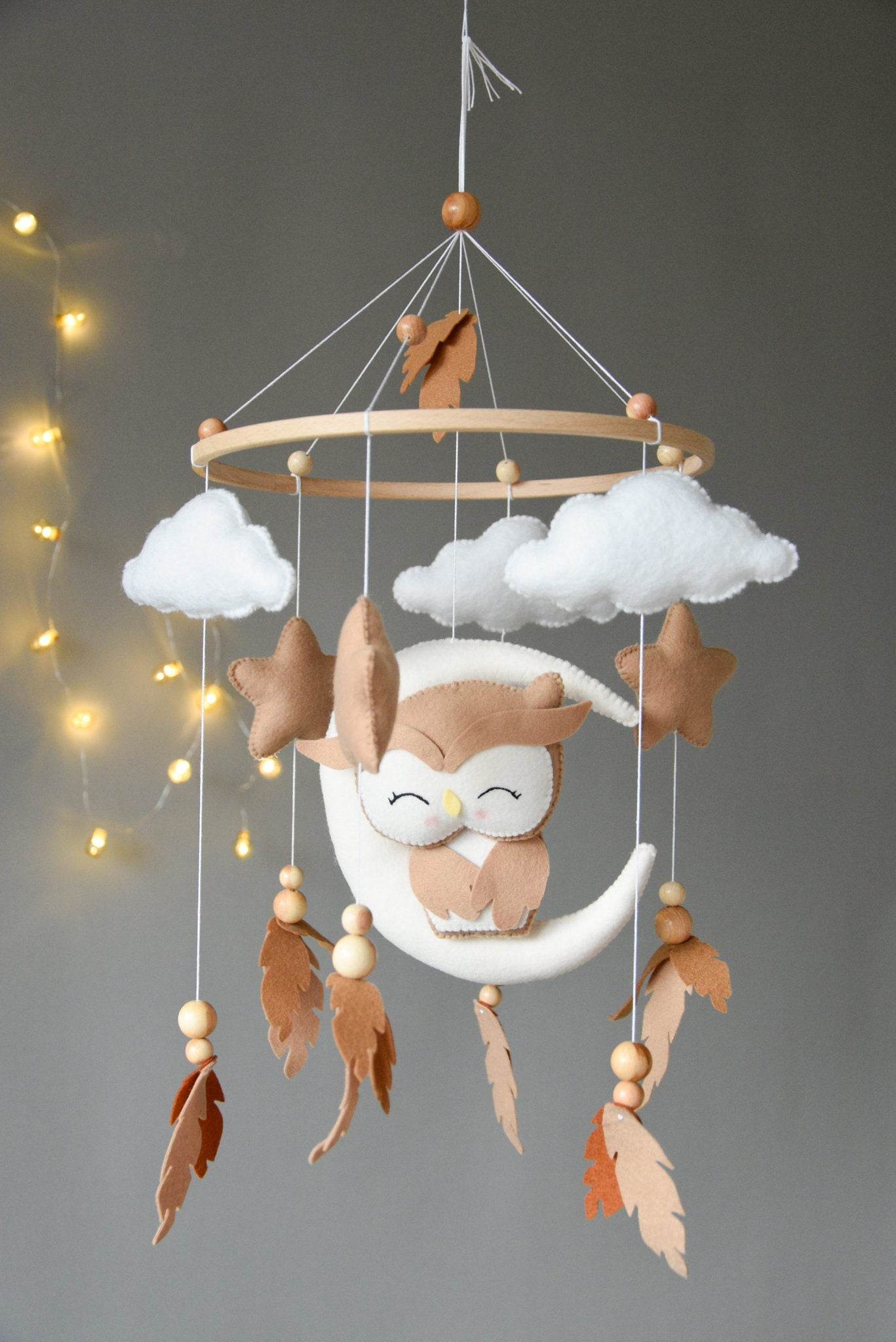 Owl Mobile with clouds and feathers - Minidreams Decor