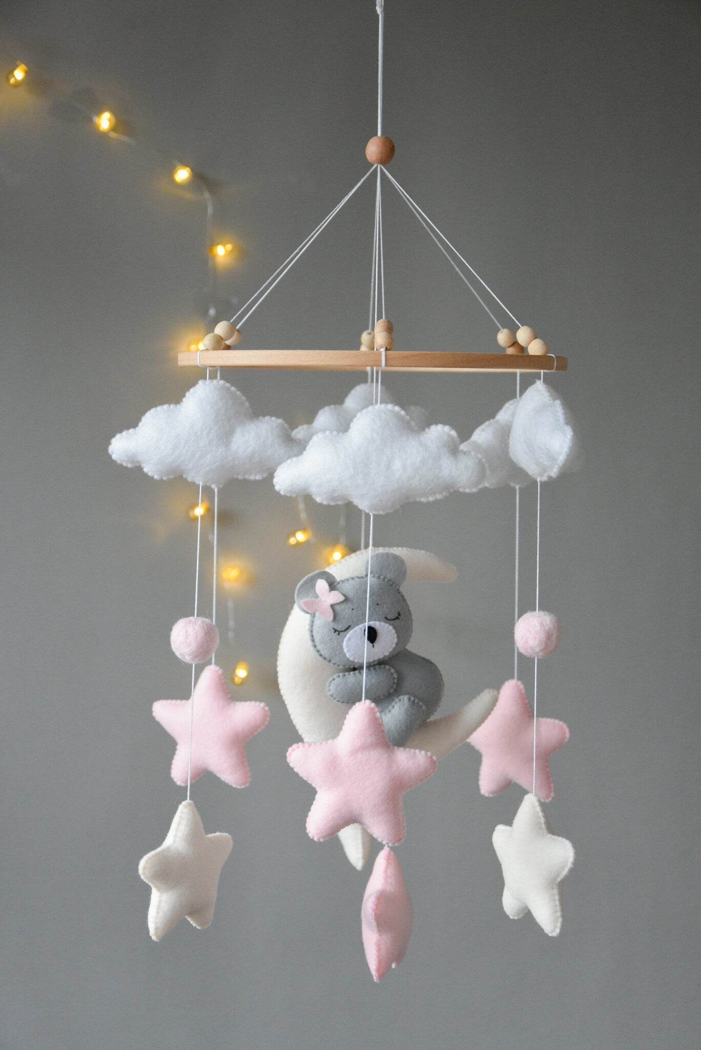 Baby girl pink mobile with gray sleeping bear - Minidreams Decor