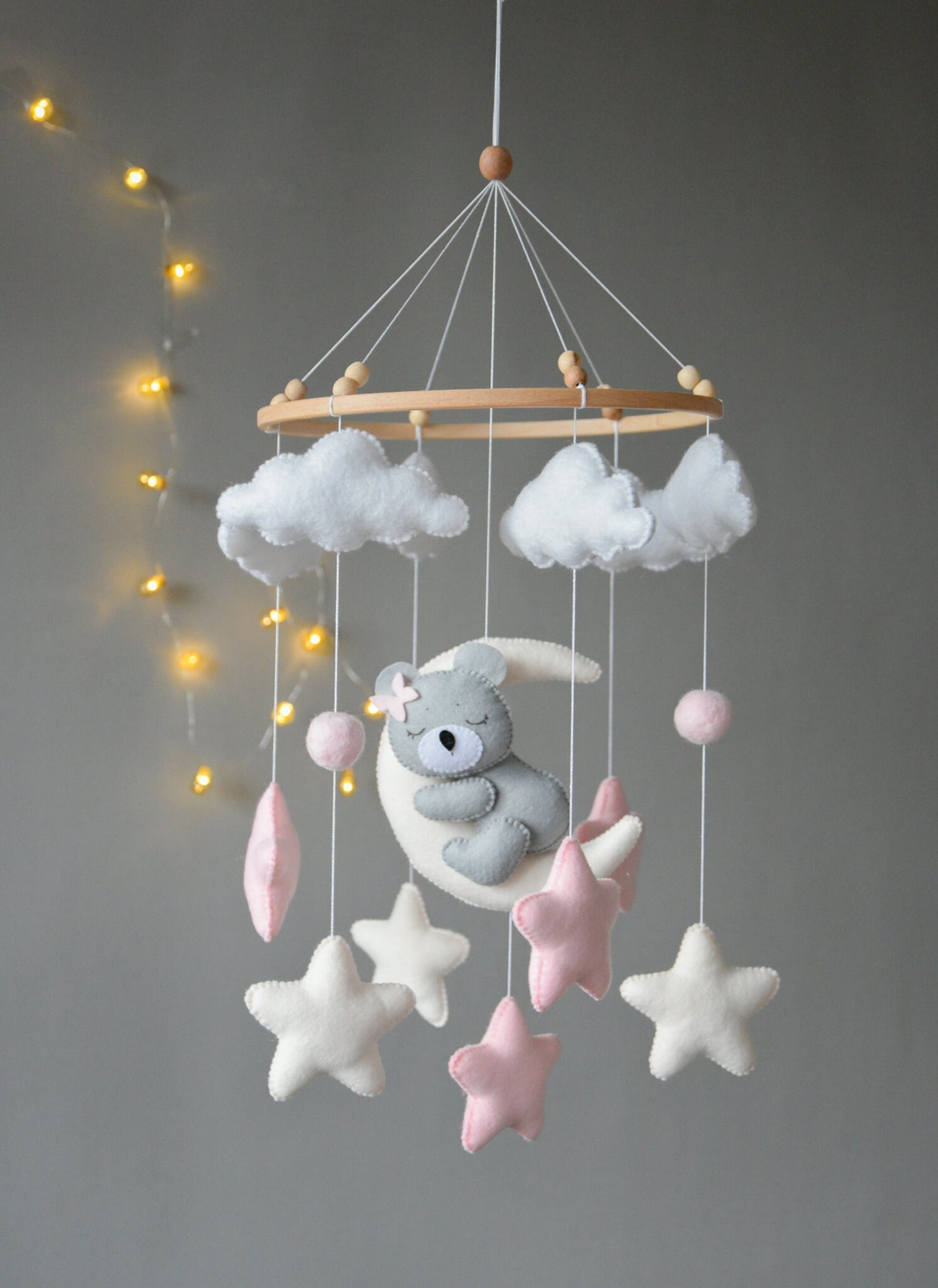 Baby girl pink mobile with gray sleeping bear