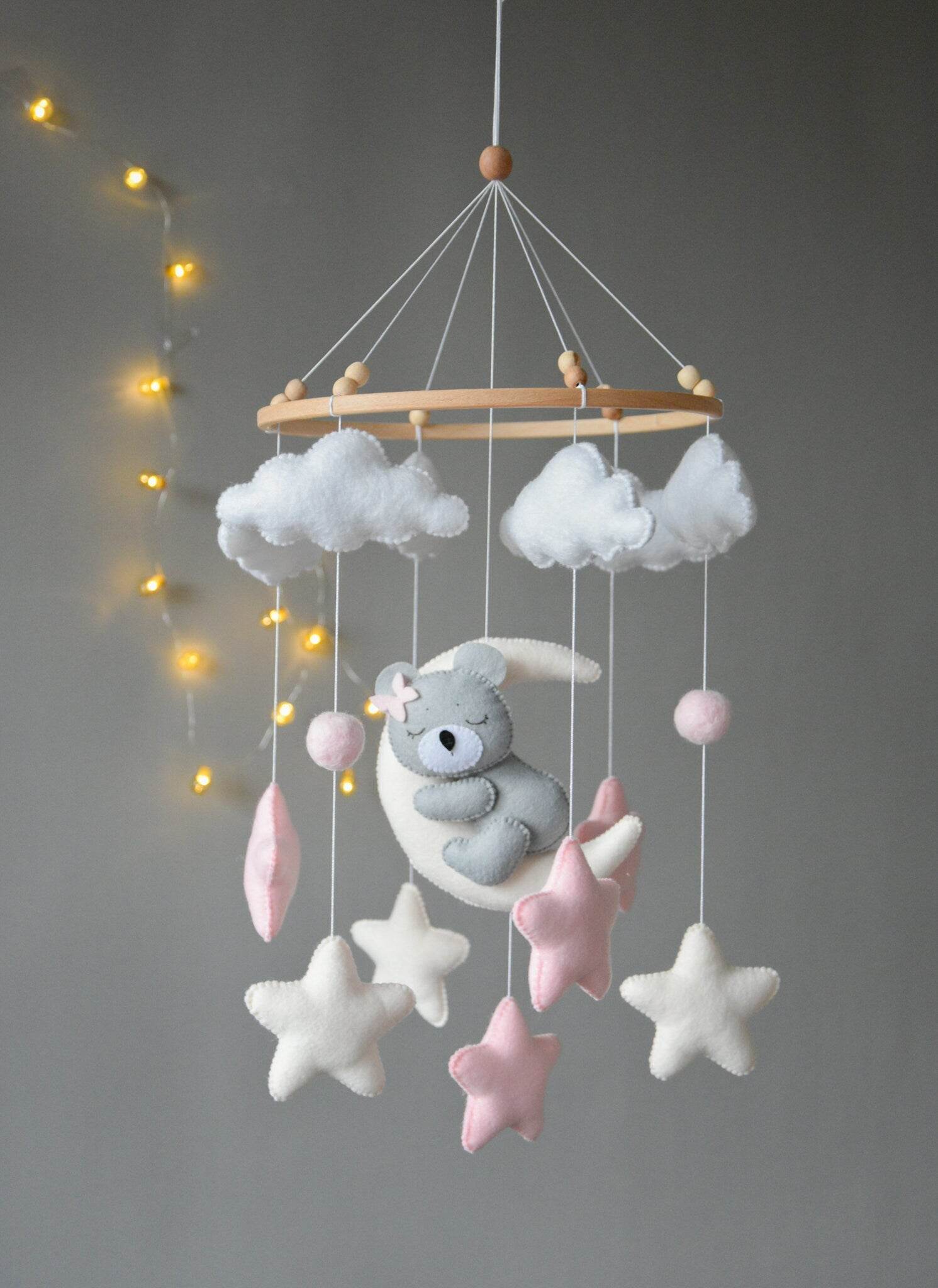 Baby girl pink mobile with gray sleeping bear - Minidreams Decor