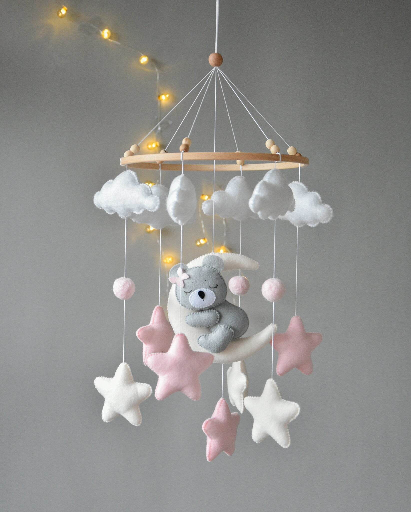 Baby girl pink mobile with gray sleeping bear - Minidreams Decor